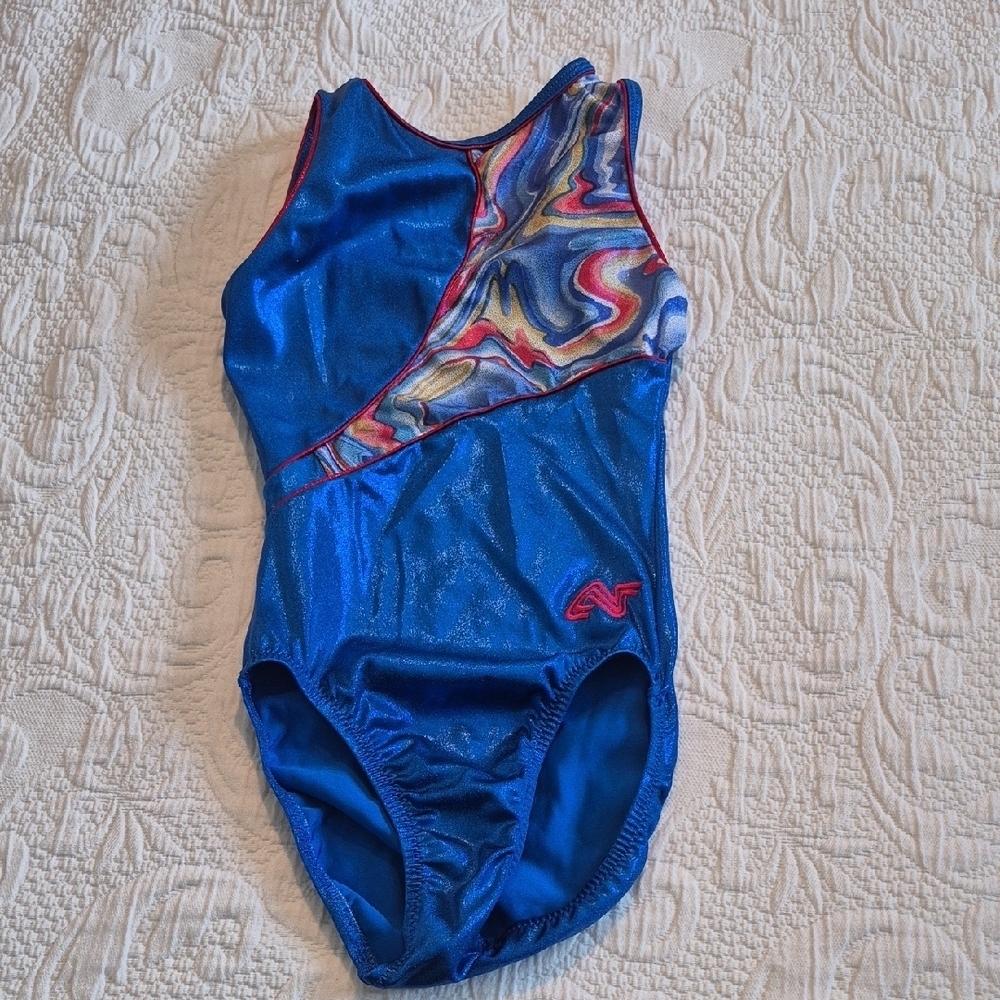 Alpha Factor XL blue with multi color accent shimmery leotard dance gymnastics